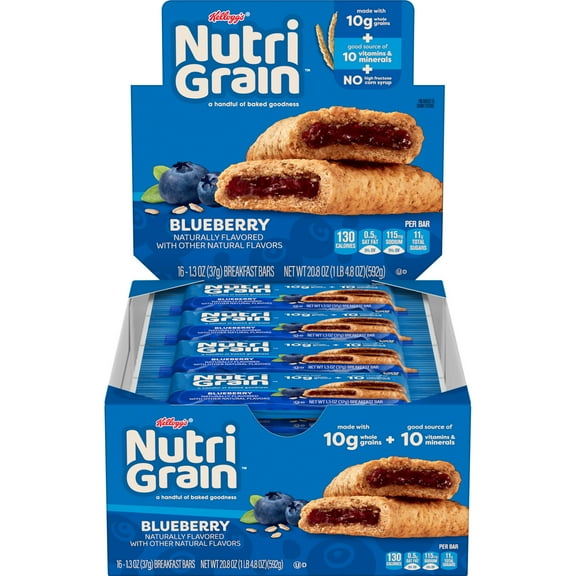 Kellogg's Nutri-Grain Blueberry Chewy Soft Baked Breakfast Bars, Made with Whole Grains, 20.8 oz, 16 Count
