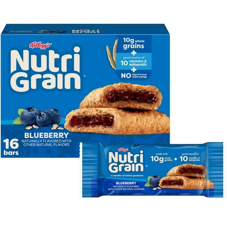 Kellogg's Nutri-Grain Blueberry Chewy Breakfast Bars, Made with 10g Whole Grains, 20.8 oz, 16 Count