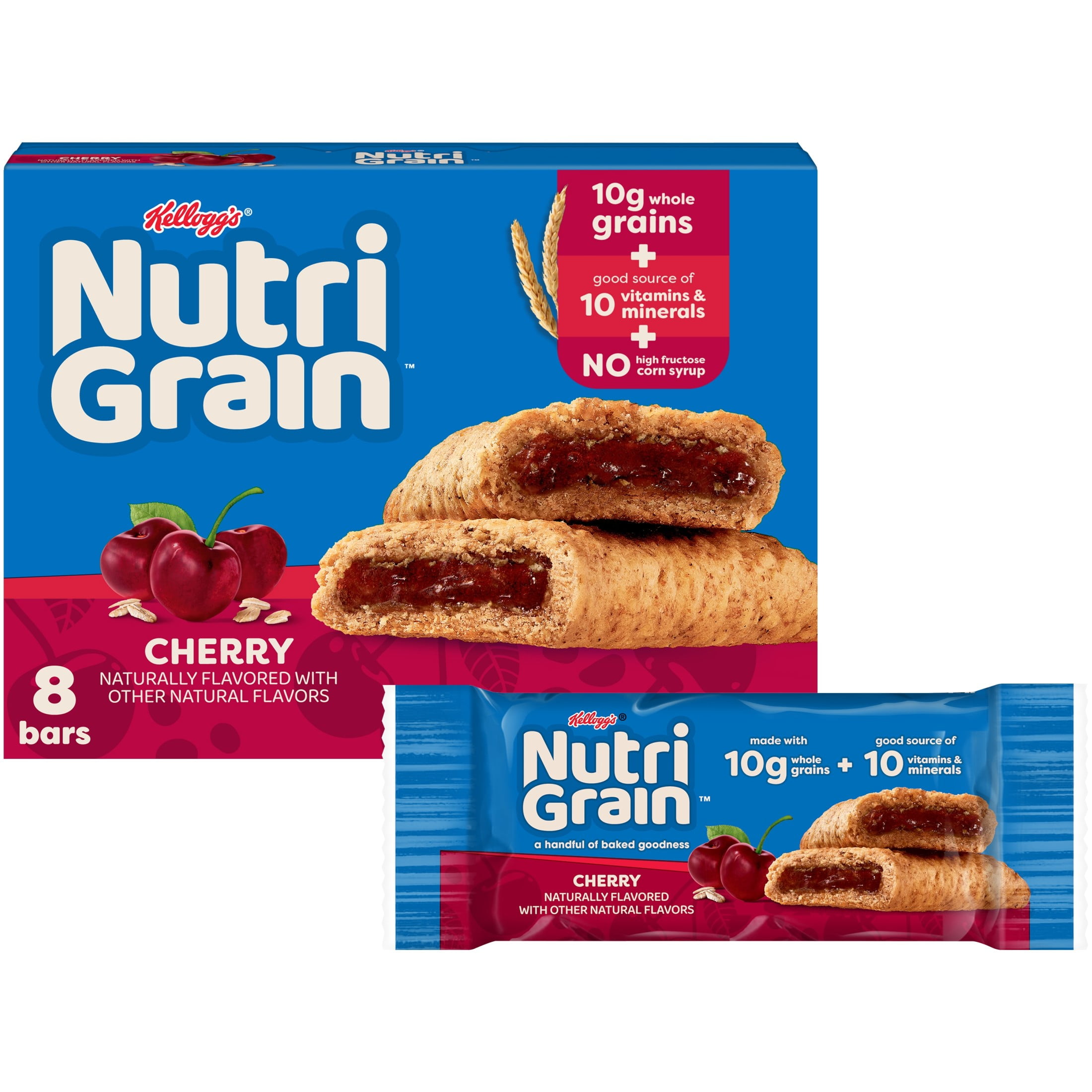 Kellogg's Nutri-Grain Cherry Chewy Breakfast Bars, Made with 10g Whole Grains, 10.4 oz, 8 Count