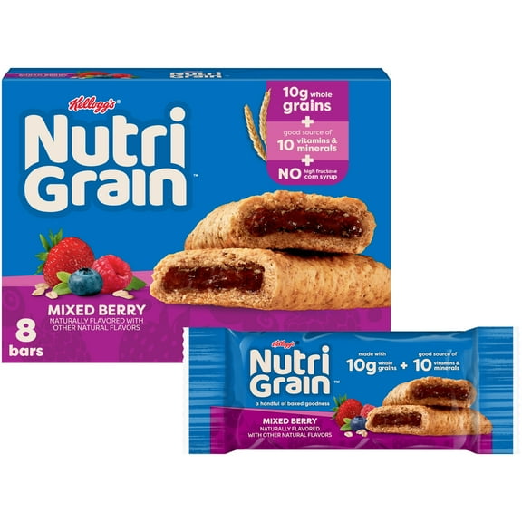 Kellogg's Nutri-Grain Mixed Berry Chewy Breakfast Bars, Made with 10g Whole Grains, 10.4 oz, 8 Count