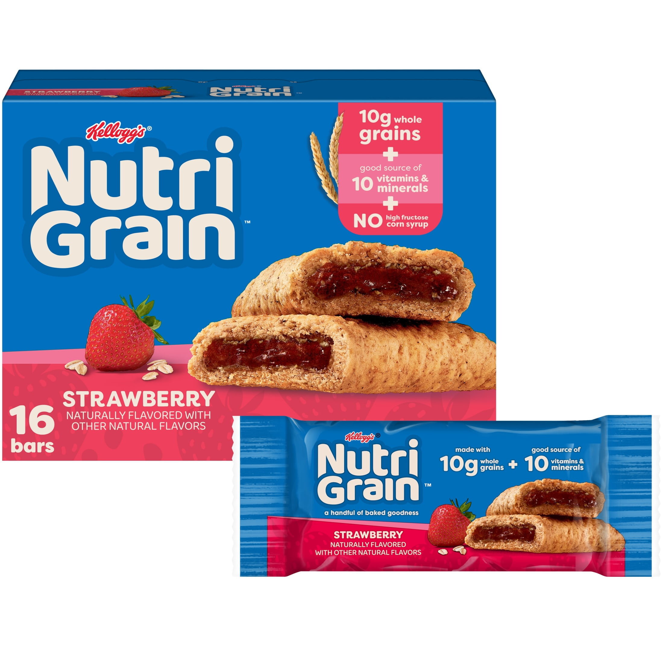 Kellogg's Nutri-Grain Strawberry Chewy Breakfast Bars, Made with 10g Whole Grains, 20.8 oz, 16 Count