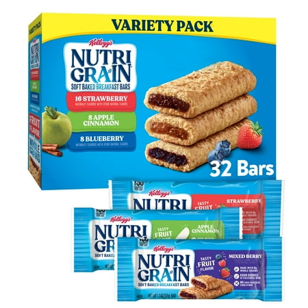 Kellogg's Nutri-Grain Variety Pack Chewy Soft Baked Breakfast Bars, Made with Whole Grains, 41.6 oz, 32 Count