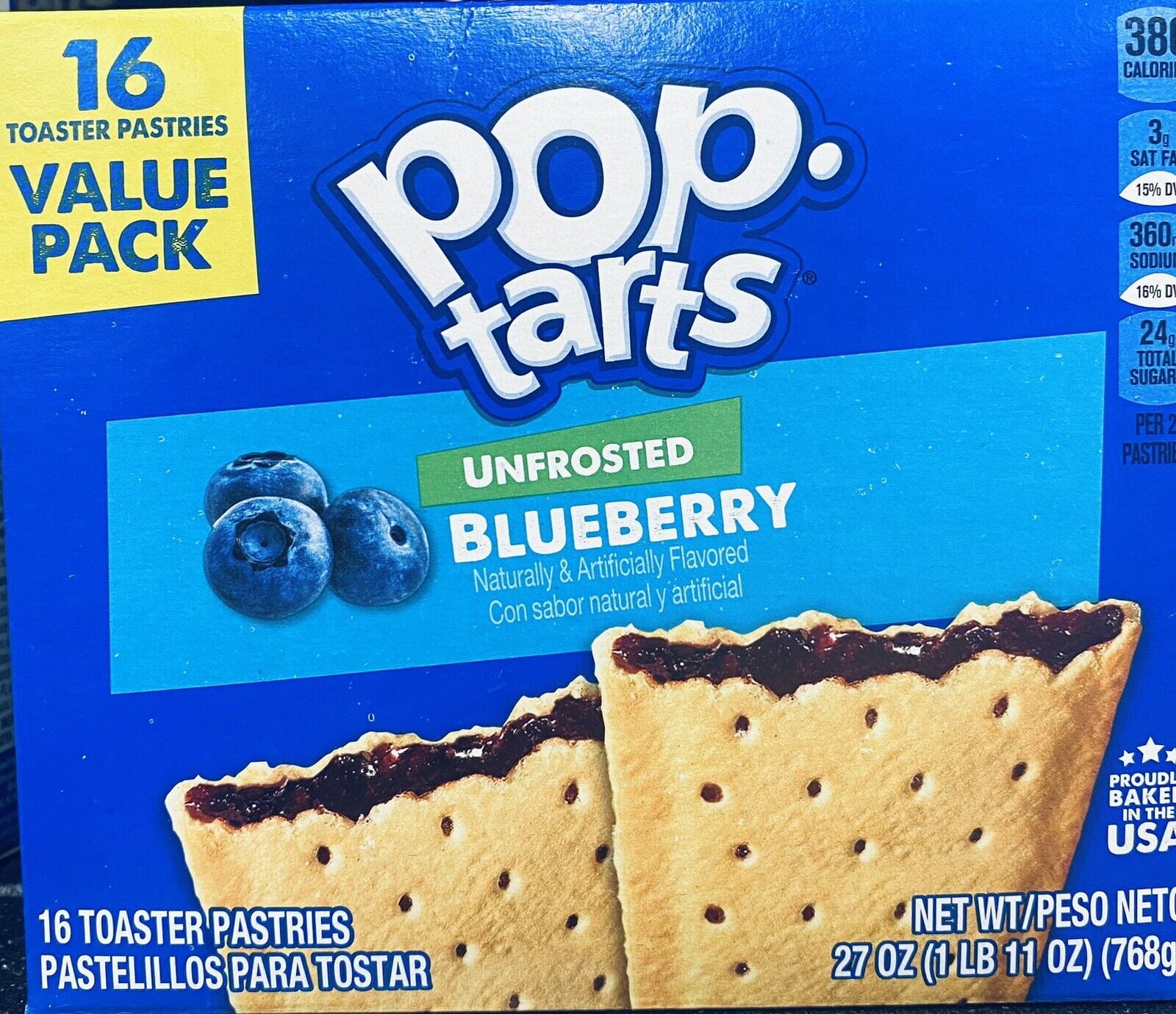 Kellogg's Pop Tarts UNFROSTED BLUEBERRY Toaster Pastries 16 Count 27 oz