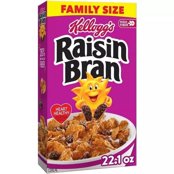 Kellogg's Raisin Bran Breakfast Cereal, Fiber Cereal, Family Breakfast, Family Size, Original, 22.1oz Box (1 Box)