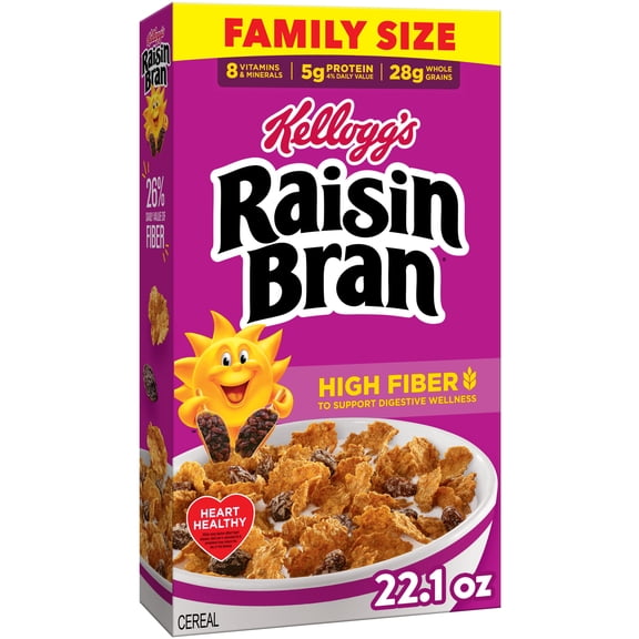 Kelloggs Raisin Bran Breakfast Cereal, High Fiber, 28g Whole Grain, Family Size, 22.1 oz