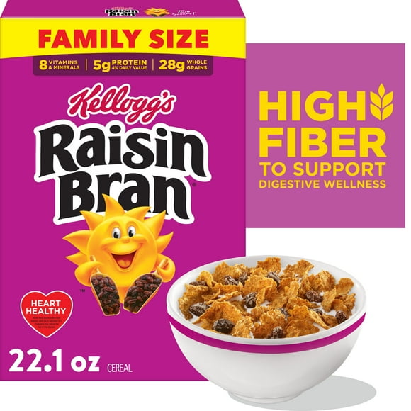 Kellogg’s Raisin Bran Breakfast Cereal, High Fiber, 28g Whole Grain, Family Size, 22.1 oz