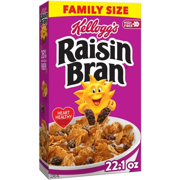 Kellogg's Raisin Bran Breakfast Cereal, Fiber Cereal, Family Breakfast, Family Size, Original, 22.1oz (Pack 6)