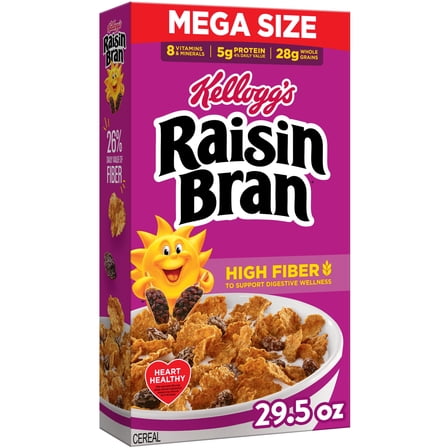 Kellogg’s Raisin Bran Breakfast Cereal, High Fiber, 28g Whole Grain, Mega Size, 29.5 oz