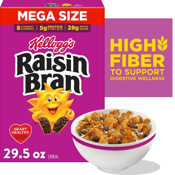 Kellogg’s Raisin Bran Breakfast Cereal, High Fiber, 28g Whole Grain, Mega Size, 29.5 oz