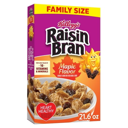 Kellogg's Raisin Bran Cold Breakfast Cereal, Family Size, Maple Flavor, 21.6oz Box (1 Box)