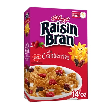 Kellogg's Raisin Bran Cold Breakfast Cereal, Fiber Cereal, Heart Healthy, Original with Cranberries, 14oz Box (1 Box)