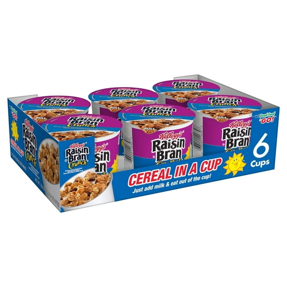 Kellogg's Raisin Bran Crunch Breakfast Cereal Cups, Fiber Cereal, Made with Real Fruit, Original, 16.8oz Tray (6 Cups)