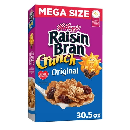 Kellogg's Raisin Bran Crunch Breakfast Cereal, Fiber Cereal, Made with Real Fruit, Mega Size, Original, 30.5oz Box (1 Box)