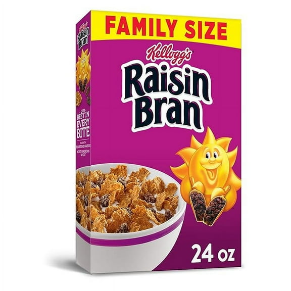 Kellogg's Raisin Bran Breakfast Cereal, High Fiber Cereal, Made with Real Fruit, Family Size, Original, 24oz Box (1 Box)