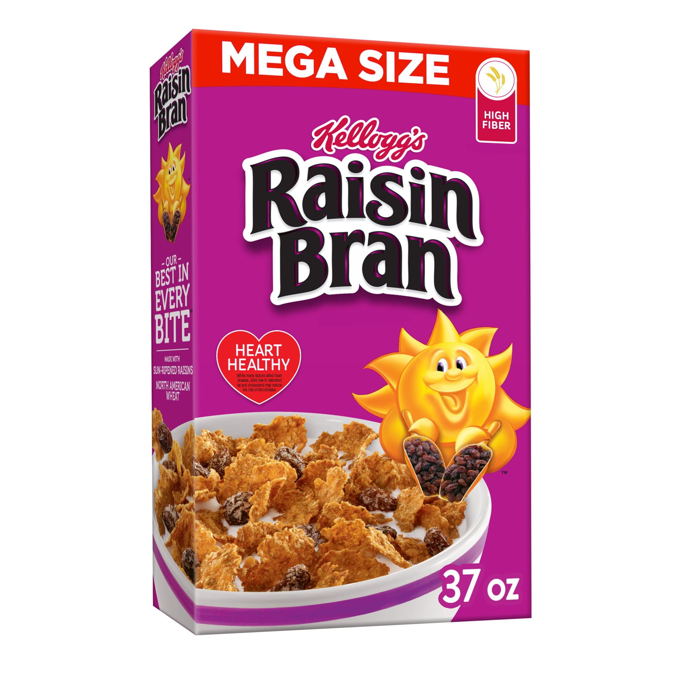 Kellogg's Raisin Bran Breakfast Cereal, High Fiber Cereal, Made with Real Fruit, Mega Size, Original, 37oz Box (1 Box)