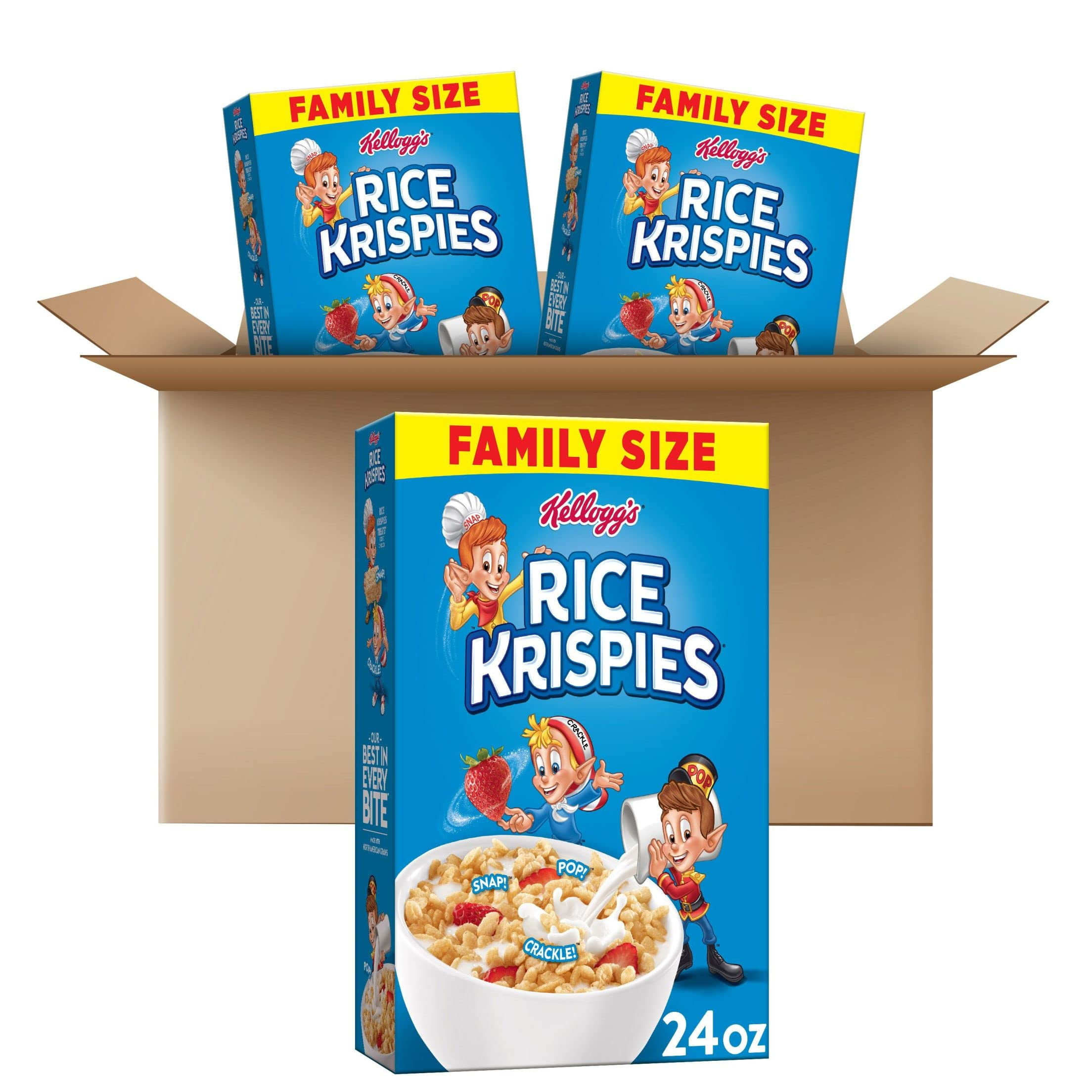 Kellogg's Rice Krispies AJH3Cold Breakfast Cereal, Kids Snacks, Baking Marshmallow Treats, Family Size, Original (3 Boxes)