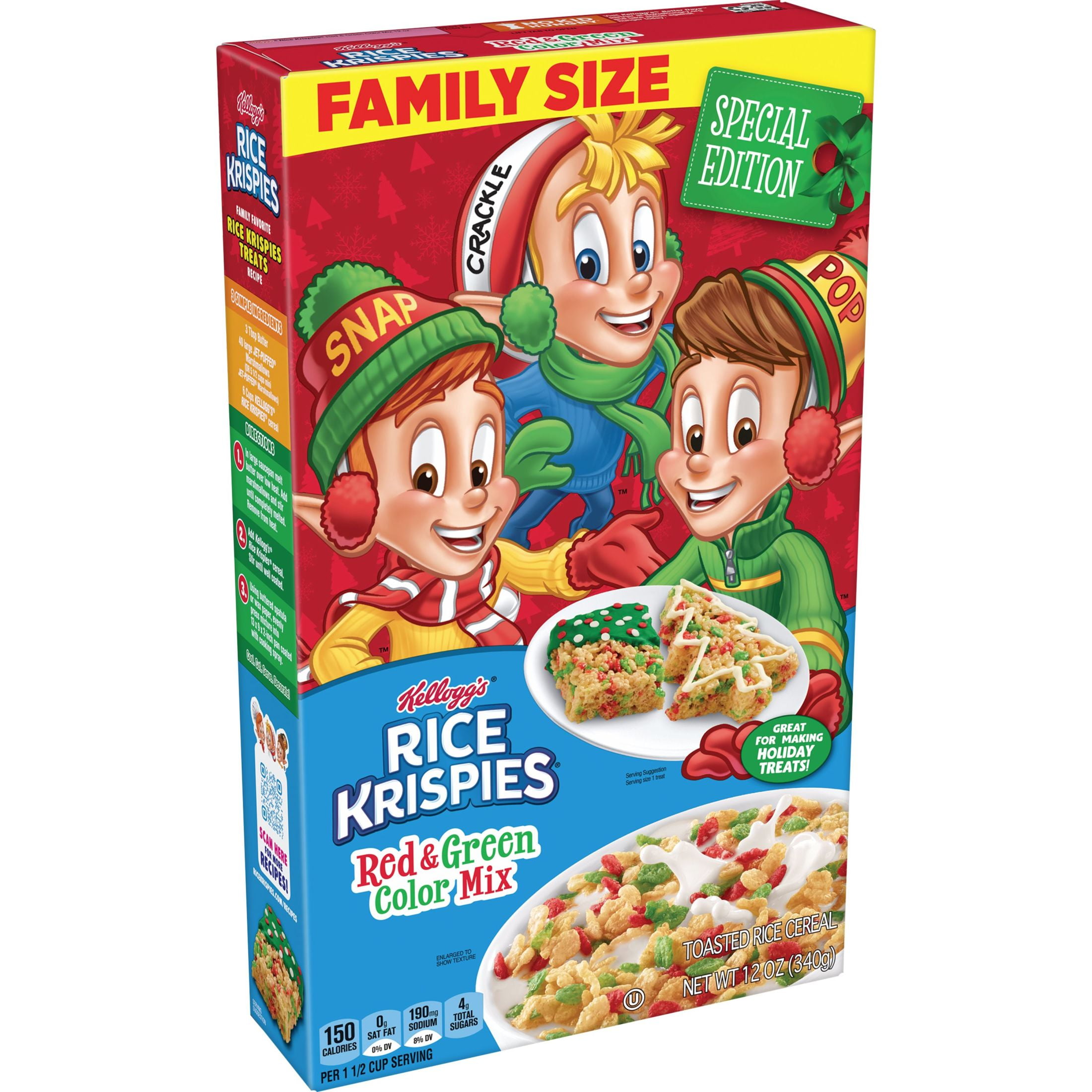 Kellogg's Rice Krispies Breakfast Cereal, Christmas Pack, Family Size, Original with Holiday Colors, 12oz Box (1 Box)