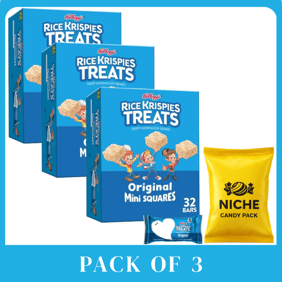 Kelloggs Rice Krispies Treats Original Mini Squares Snack Bars, 32Count Boxes (3Pack)