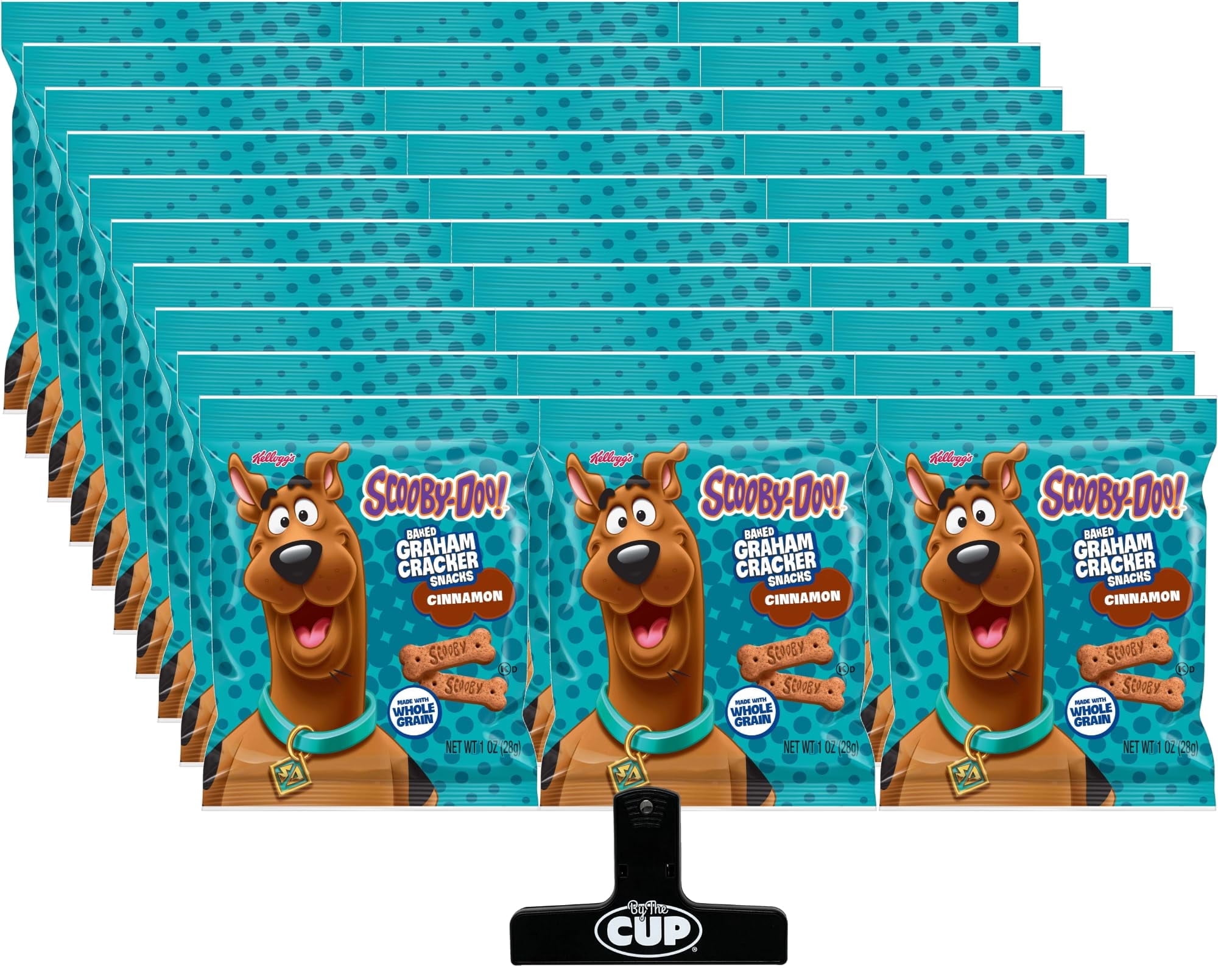 Kellogg's Scooby Doo Cinnamon Graham Cracker Sticks, 1 oz Bags (Pack of 30) with By The Cup Bag Clip