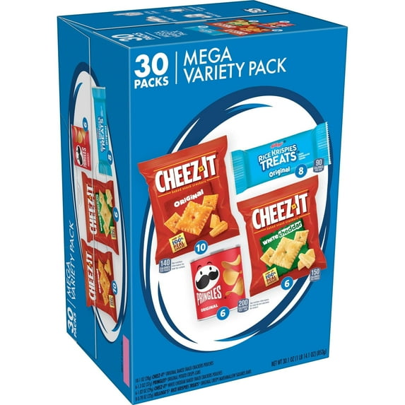 Kellogg's Cheez-It, Pringles & Rice Krispies Treats Snacks Mega Variety Pack, 30.1oz Box (30 Count)