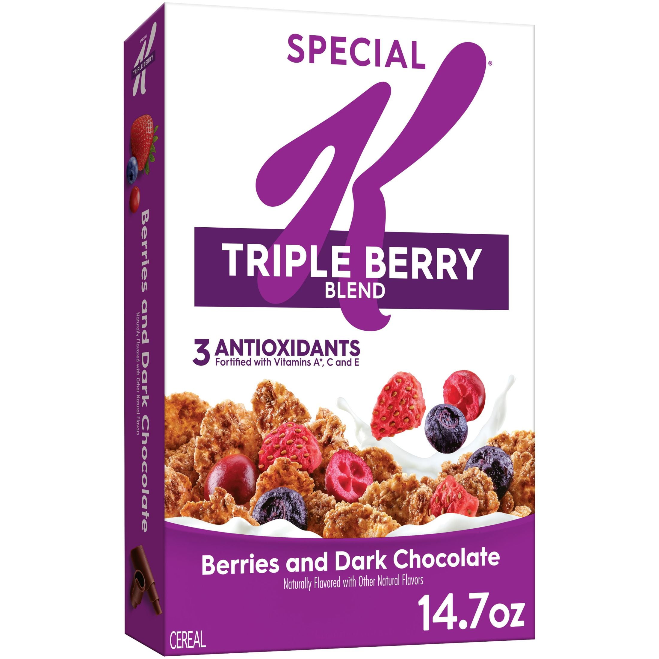 Kellogg's Special K Triple Berry Blend Breakfast Cereal, Family Breakfast, Fiber Cereal, Berries and Dark Chocolate, 14.7oz Box (1 Box)
