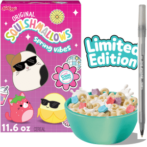 Kellogg's Squishmallows Spring Vibes Breakfast Cereal, Kids Cereal, Limited Edition, Original with Marshmallows Box with pan