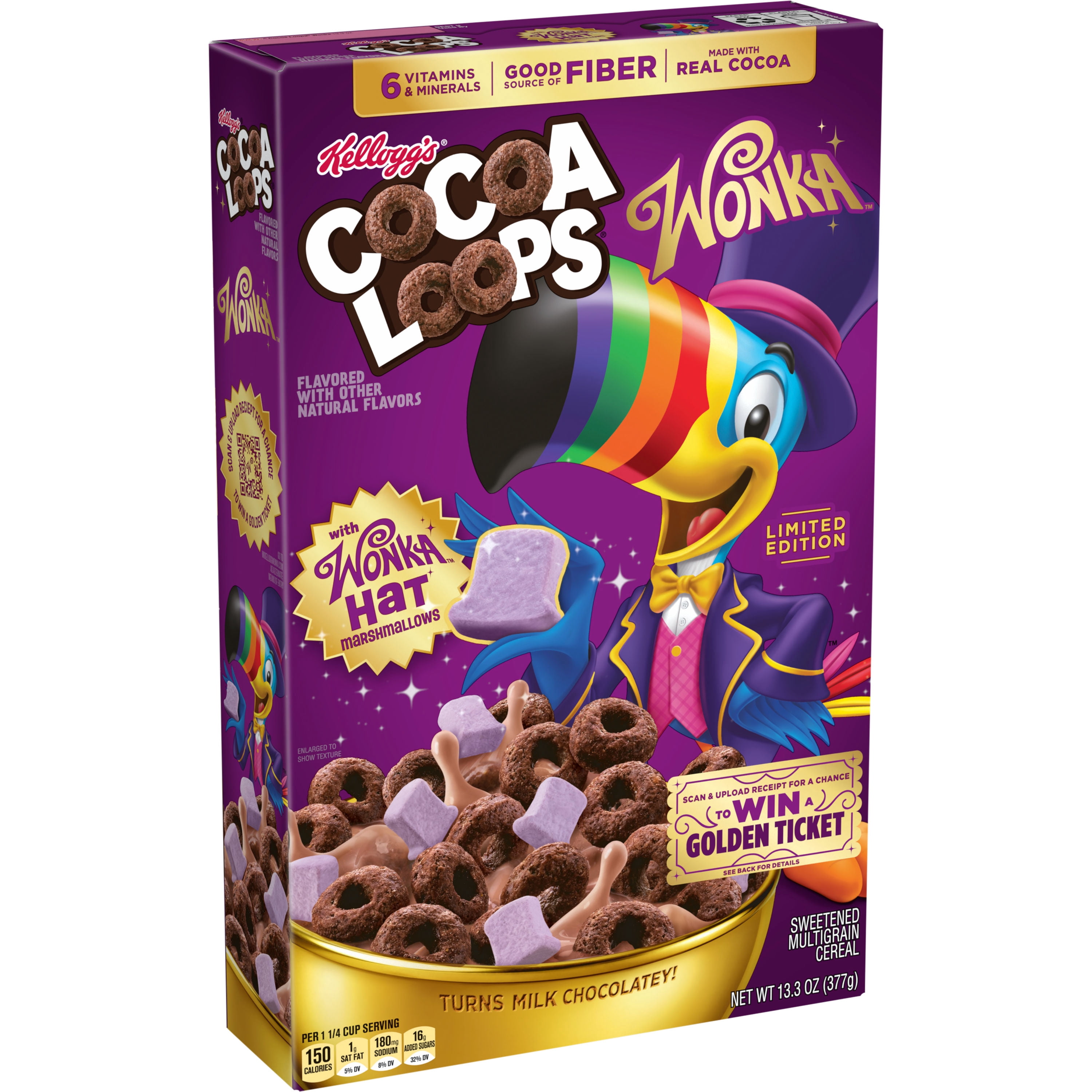 Kellogg's Cocoa Loops Cereal with Wonka Hat Marshmallows, Good Source of Fiber, 13.3oz