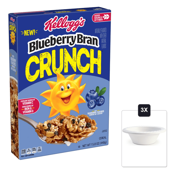 Kelloggs Blueberry Bran Crunch Breakfast Cereal, Original, 15.8 oz & 3x 12oz Disposable Plastic Bowl