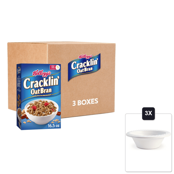 Kelloggs Cracklin Oat Bran Breakfast Cereal, Original (3 Boxes) & 3x 12oz Disposable Plastic Bowl