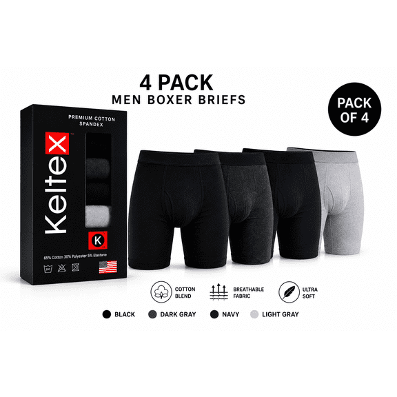 Kelltex Men’s Cotton Spandex Boxer Briefs Size small, Assorted Colors, Pack of 4