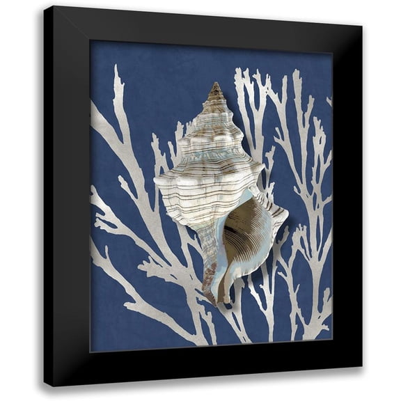 Kelly, Caroline 12x14 Black Modern Framed Museum Art Print Titled - Shell Coral Silver on Blue III