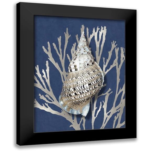 Kelly, Caroline 12x14 Black Modern Framed Museum Art Print Titled - Shell Coral Silver on Blue I