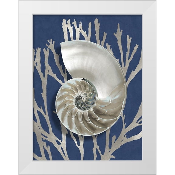 Kelly, Caroline 12x14 White Modern Wood Framed Museum Art Print Titled - Shell Coral Silver on Blue II