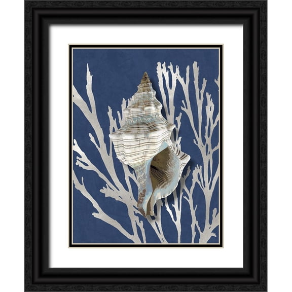 Kelly, Caroline 25x32 Black Ornate Wood Framed with Double Matting Museum Art Print Titled - Shell Coral Silver on Blue III