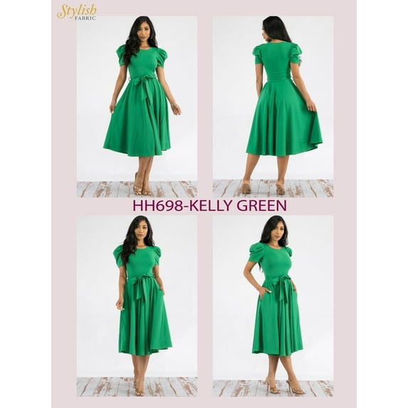 Kelly Green Large Plus Size Women's Puff Sleeve Crew Neckline Midi Length Cocktail Dress with side Pockets