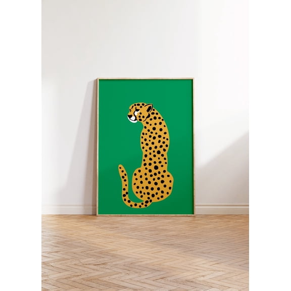 Kelly Green Leopard Illustration Boho Animal Wall Art, Unframed Paper Print Size 8x12
