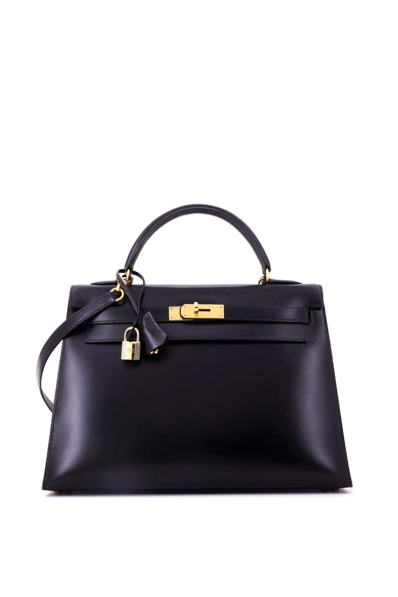 Kelly Handbag Noir Box Calf with Gold Hardware 32 By Rebag
