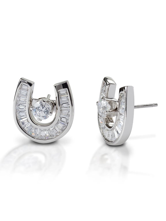 Women's Baguette Horseshoe Jacket Stud Earrings Silver One Size
