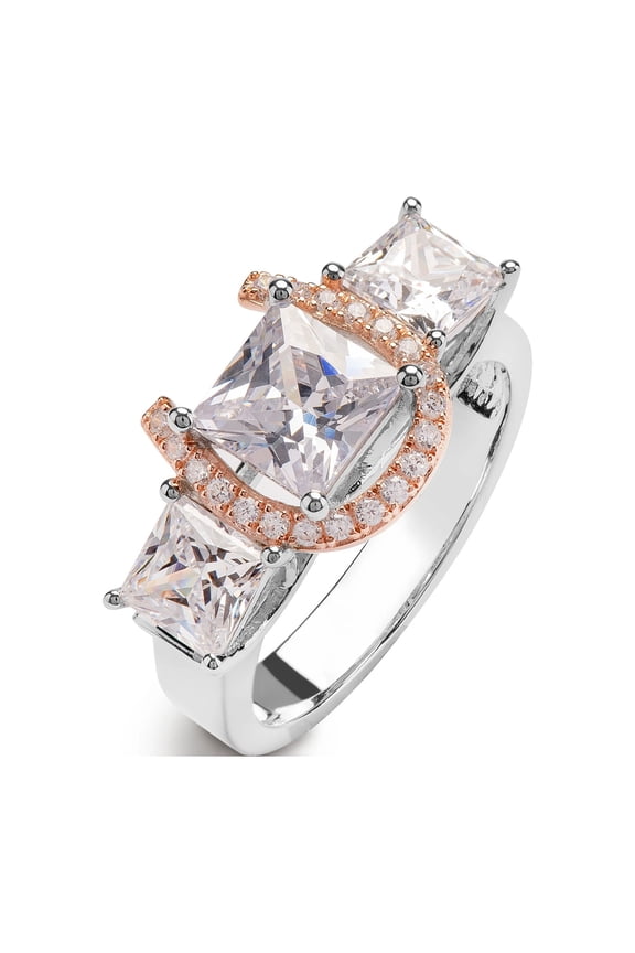 Large Princess Cut Three Stone Horseshoe Ring with Rose Gold Plated Horseshoe- Sterling Silver
