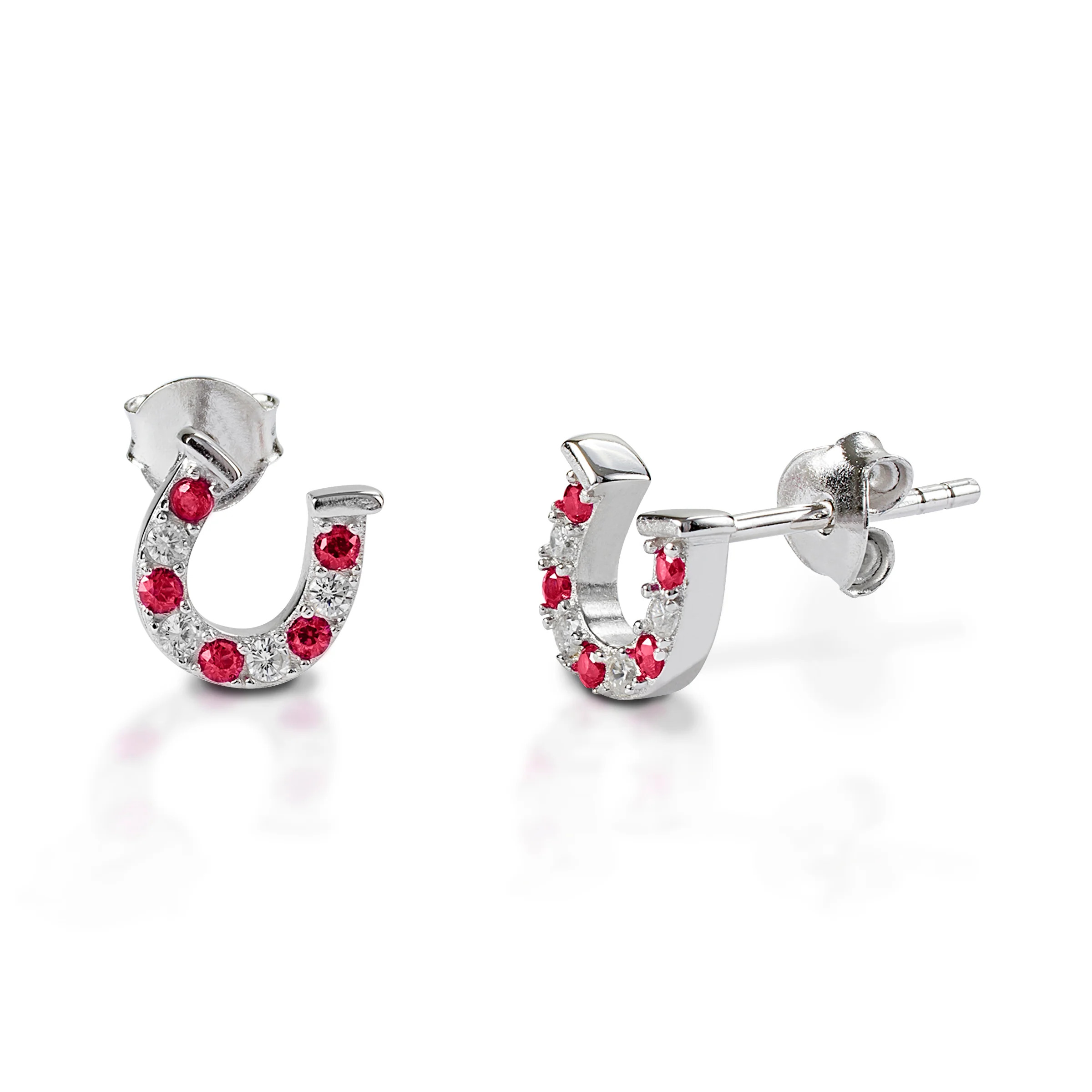 Kelly Herd Red  Clear Horseshoe Earrings - Sterling Silver
