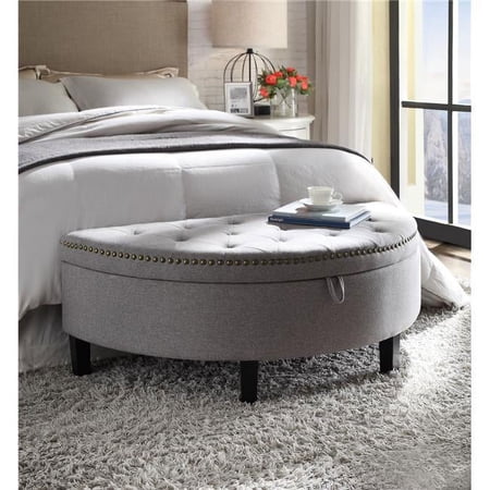 Kelly Linen Modern Contemporary Button Tufted Gold Nailhead Trim Half Moon Storage Ottoman, Grey