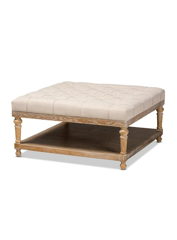 Kelly Modern and Rustic Beige Linen Fabric Upholstered Cocktail Ottoman