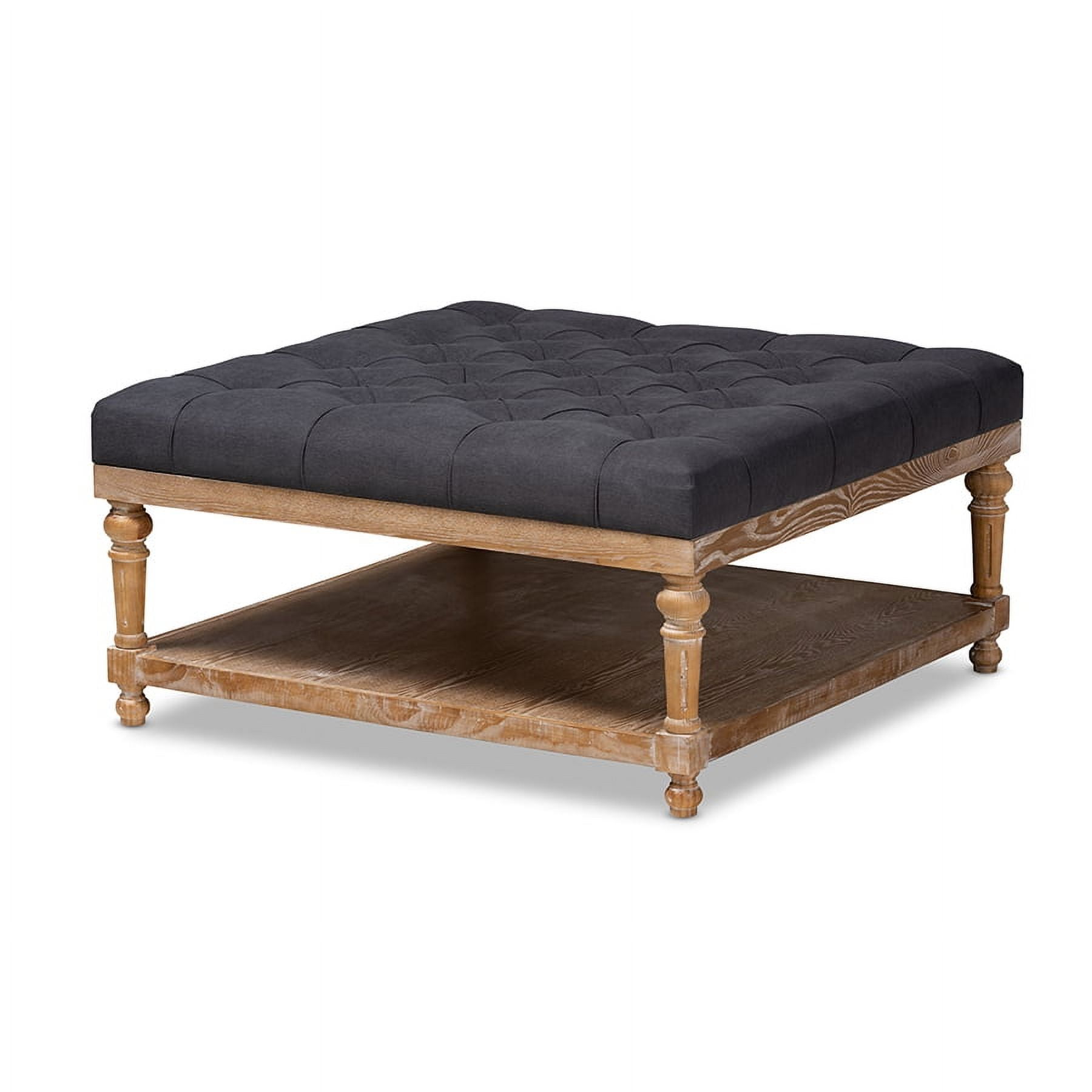 Kelly Charcoal Linen and Greywashed Wood 38" Tufted Cocktail Ottoman