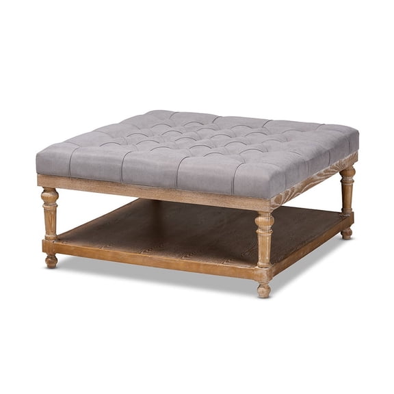 Baxton Studio Kelly Gray Linen Upholstered and Graywashed Wood Cocktail Ottoman