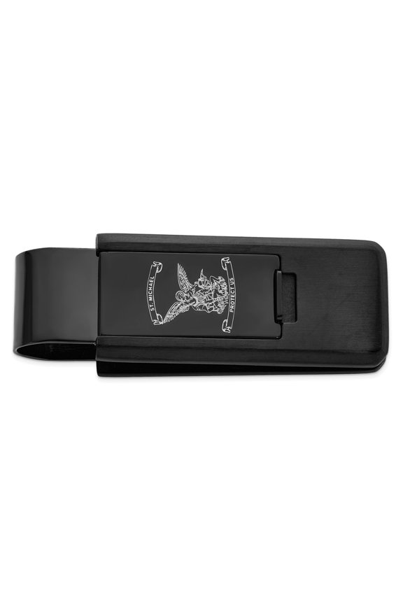 Stainless Steel Black IP Lasered St. Michael Flip Money Clip