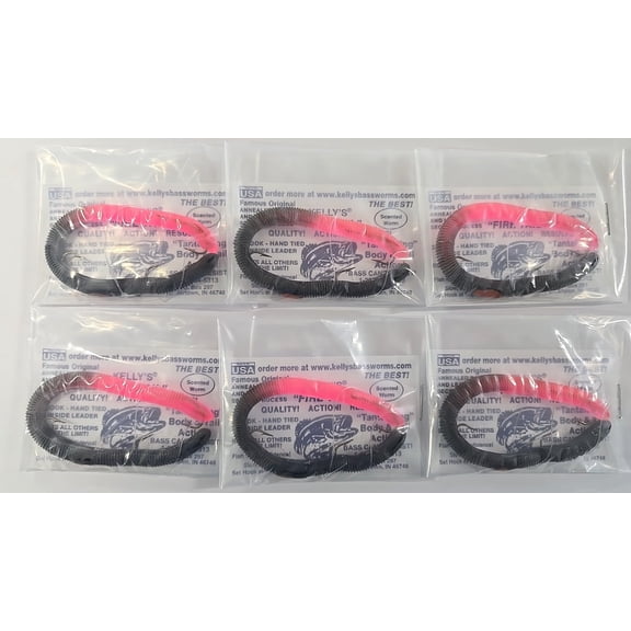 Kelly's Fire Tail Bass Worms 6PK Pre-Rigged Anise Scented USA Avaiable in 8 Colors (Black Firetail)