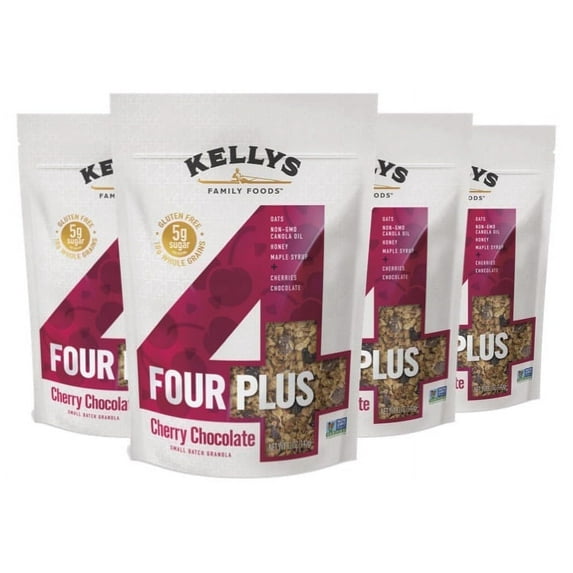Kellys Four Plus Granola Cereal | Cherry Chocolate Healthy Granola for Yogurt | Hand Made Organic Snacks for Breakfast - 12 oz (Pack of 4)