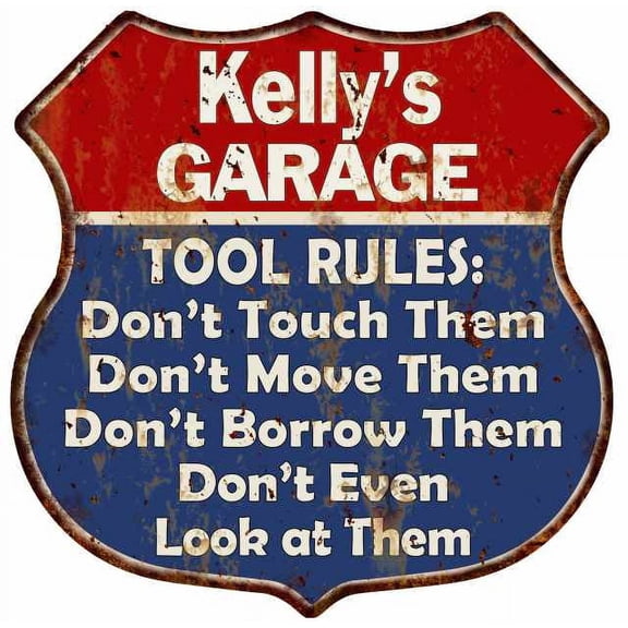 Kelly's Garage Man Cave Rules Sign Shield Metal Gift 211110001192