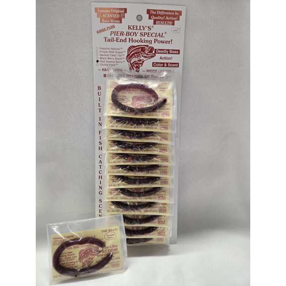 Kelly's Pier Boy Special 12 Pack Anise Scented 3 Hook Pre-Rigged Soft Plastic 5.5 Inch Worm 6 Colors Made in The USA (Red Swamp Berry)