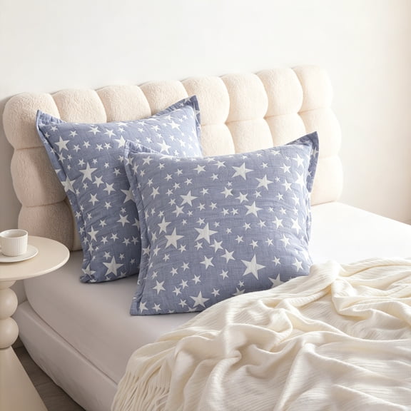 Kelnaro 3 Layer Muslin Cotton Euro Sham Covers, Square Pillow Shams with Envelope Closure, 26x26 Inches, 2 Pack, Blue Stars